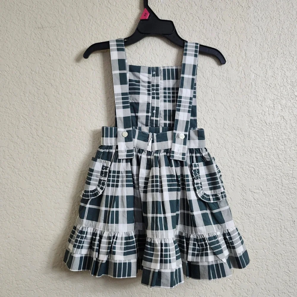 NEW Kate Quinn Girls‎ 12-18M Penelope Green Plaid Pinafore Dress and Bonnet Set